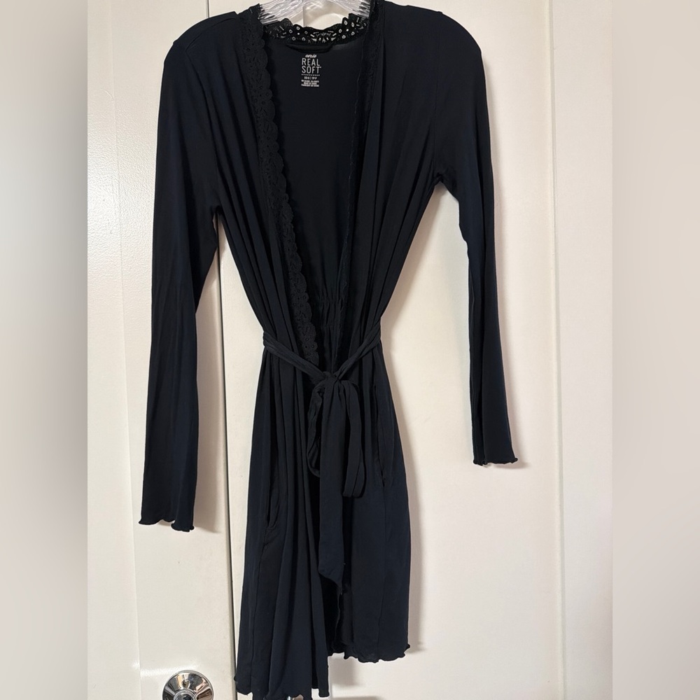 aerie REAL SOFT Black Lace-Trim Long Sleeve Robe